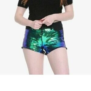 Blackheart Teal Black Bling Sequin Raw Hem Denim Low Rise Shorts Juniors Size 7
